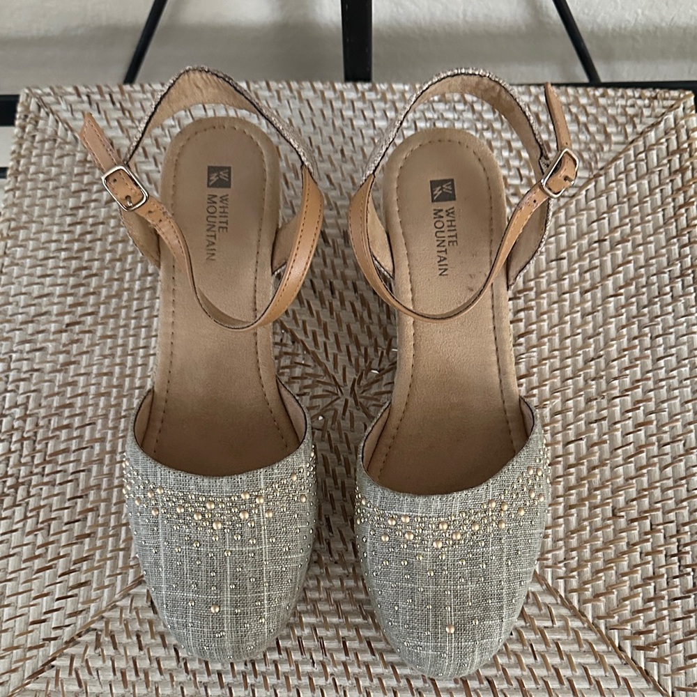 White Mountain Tan Slingback Flats with Metallic Beaded Toe